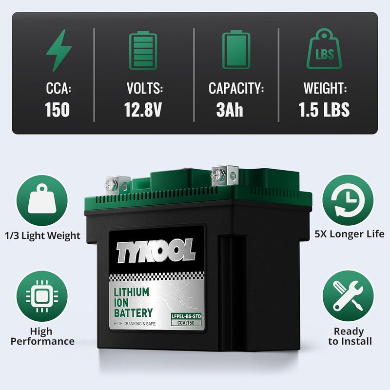 TYKOOL YTZ7S, YTX5L-BS,150CCA,Lithium LiFePO4 Motorcycle Battery,12.8V 3Ah, Digital Readout, 2X Cranking Amps,Light Weight, Fits for ATV,Honda grom,Moped battery - Image 5